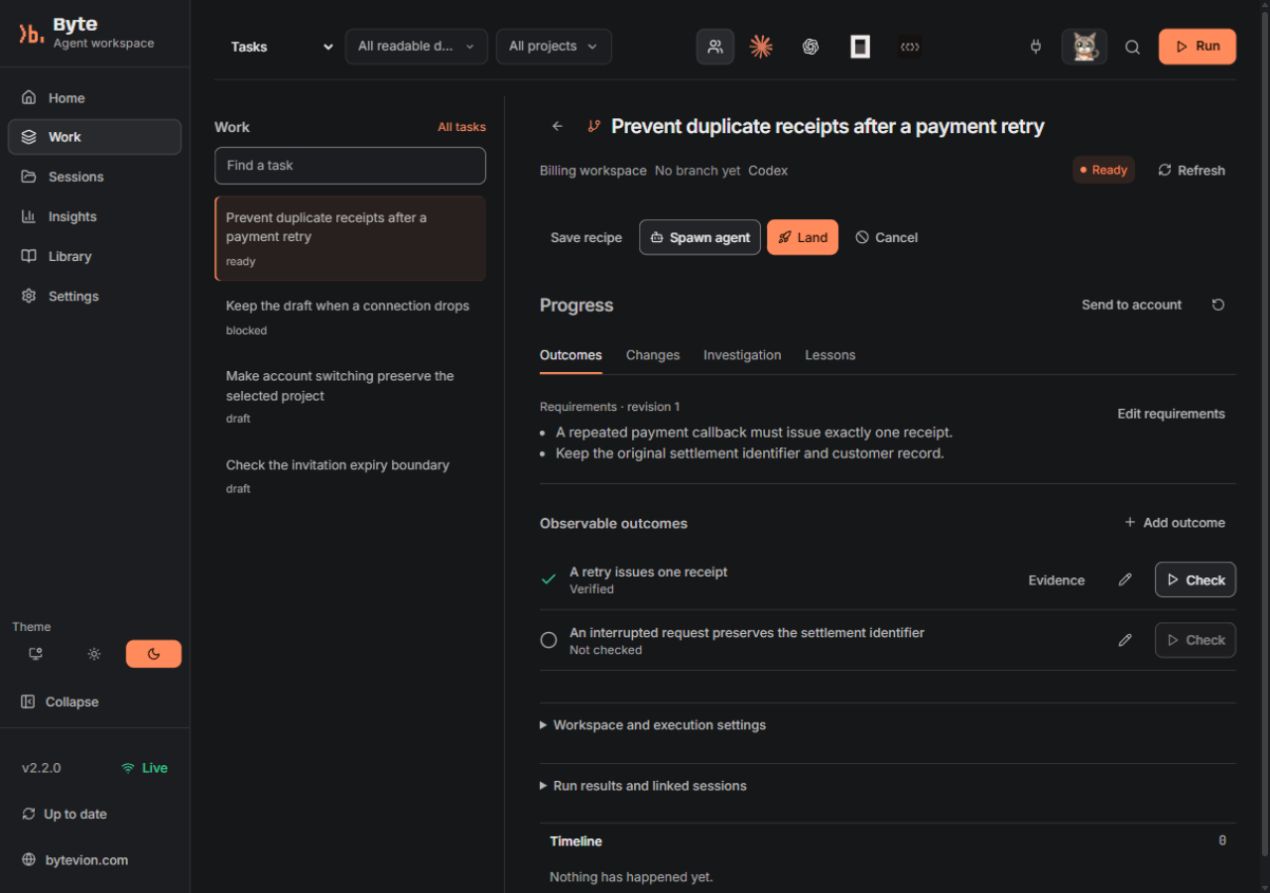 Byte 2.2 in dark mode, with a task list beside requirements and two outcomes: one verified, one not checked. Open the full-size capture.